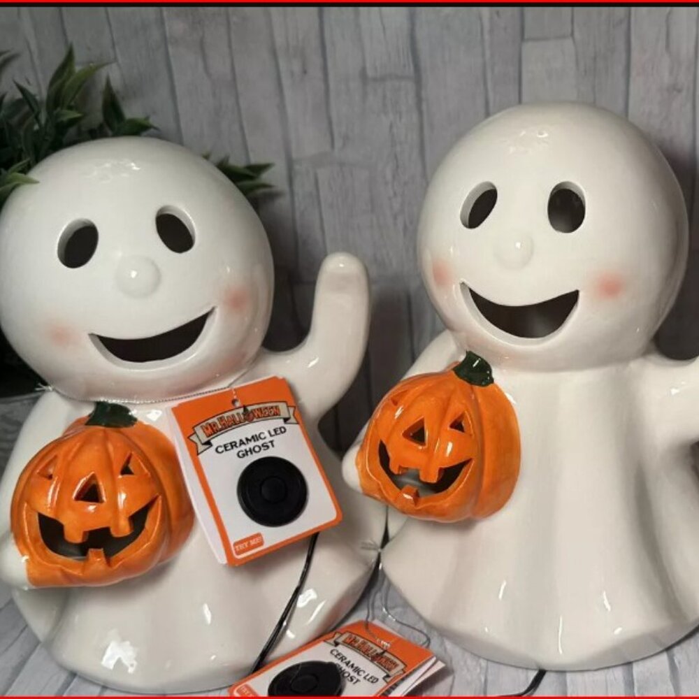 2 Halloween Decorations Light Up PORCELAIN Ghosts Reusable Decorations NEW